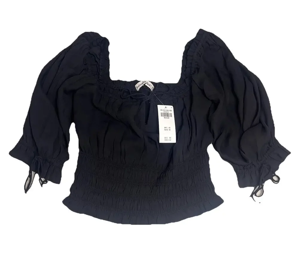 Abercrombie & Fitch Womens Medium Smocked Peasant Top Puff Sleeve Black Y2K Boho